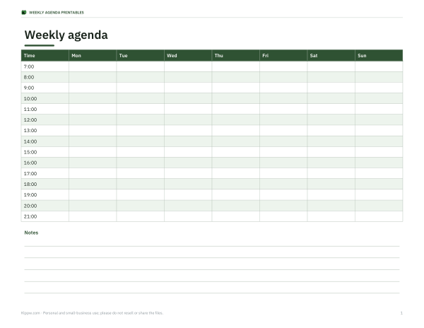 Preview of Printable Weekly Agenda Template
