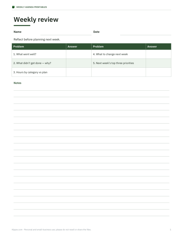 Preview of Printable Weekly Review Worksheet
